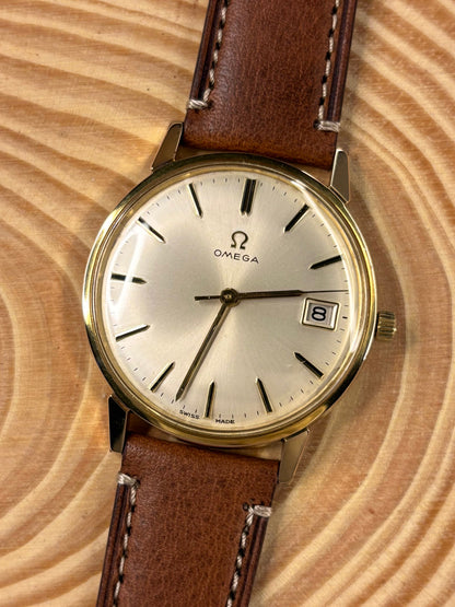 Handmade premium luxury Italian calf leather watch strap highlighting contrast stitch detail, fitted to a vintage omega dress watch.