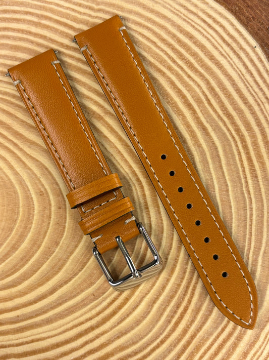 Premium luxury handmade light brown Italian calf leather watch strap with elegant contrasting stitch