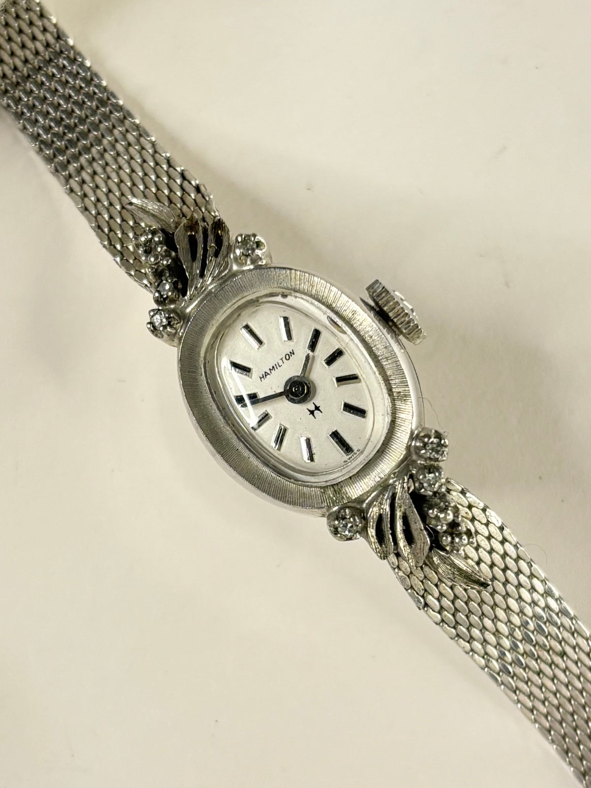 HAMILTON 10K Rolled White Gold Vintage Ladies 1960’s Manual Silver Cocktail Watch