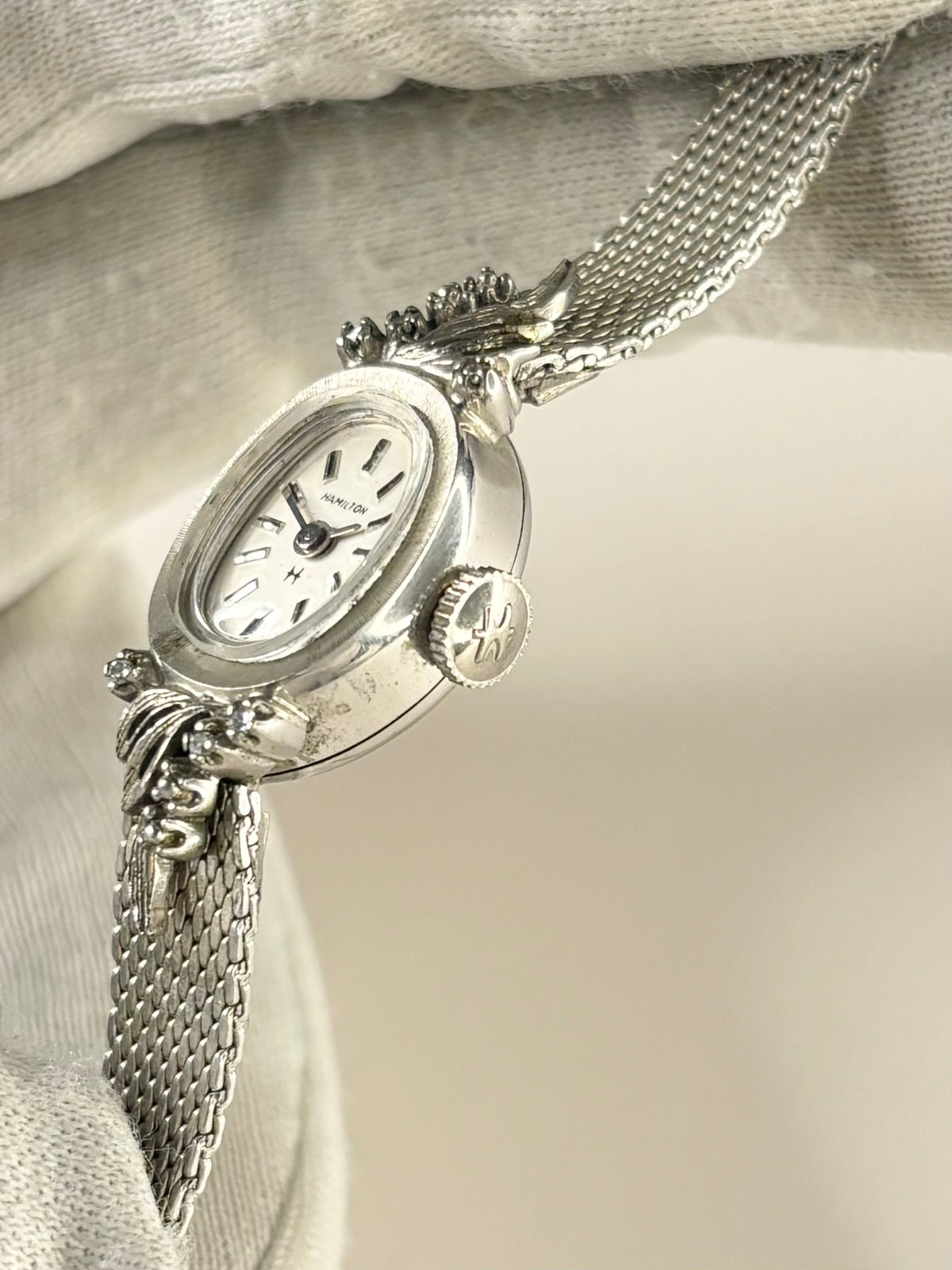 HAMILTON 10K Rolled White Gold Vintage Ladies 1960’s Manual Silver Cocktail Watch